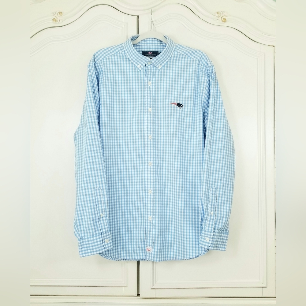 Vineyard Vines Blue Check Patriots Logo Long Sleeve Classic Fit Murray Shirt XL